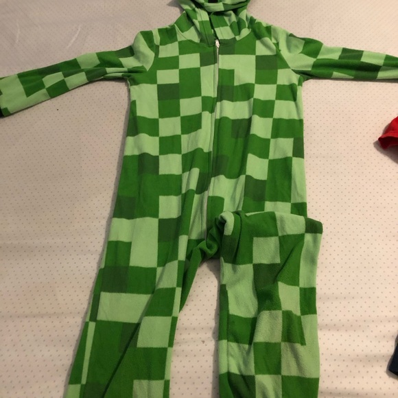 None Pajamas Minecraft Creeper Hooded Green Fleece Jumpsuit Unisex